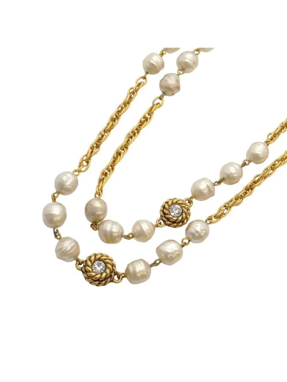 Chanel Necklace Vintage CC Logo Gold Plated Faux Pearl Rhinestone